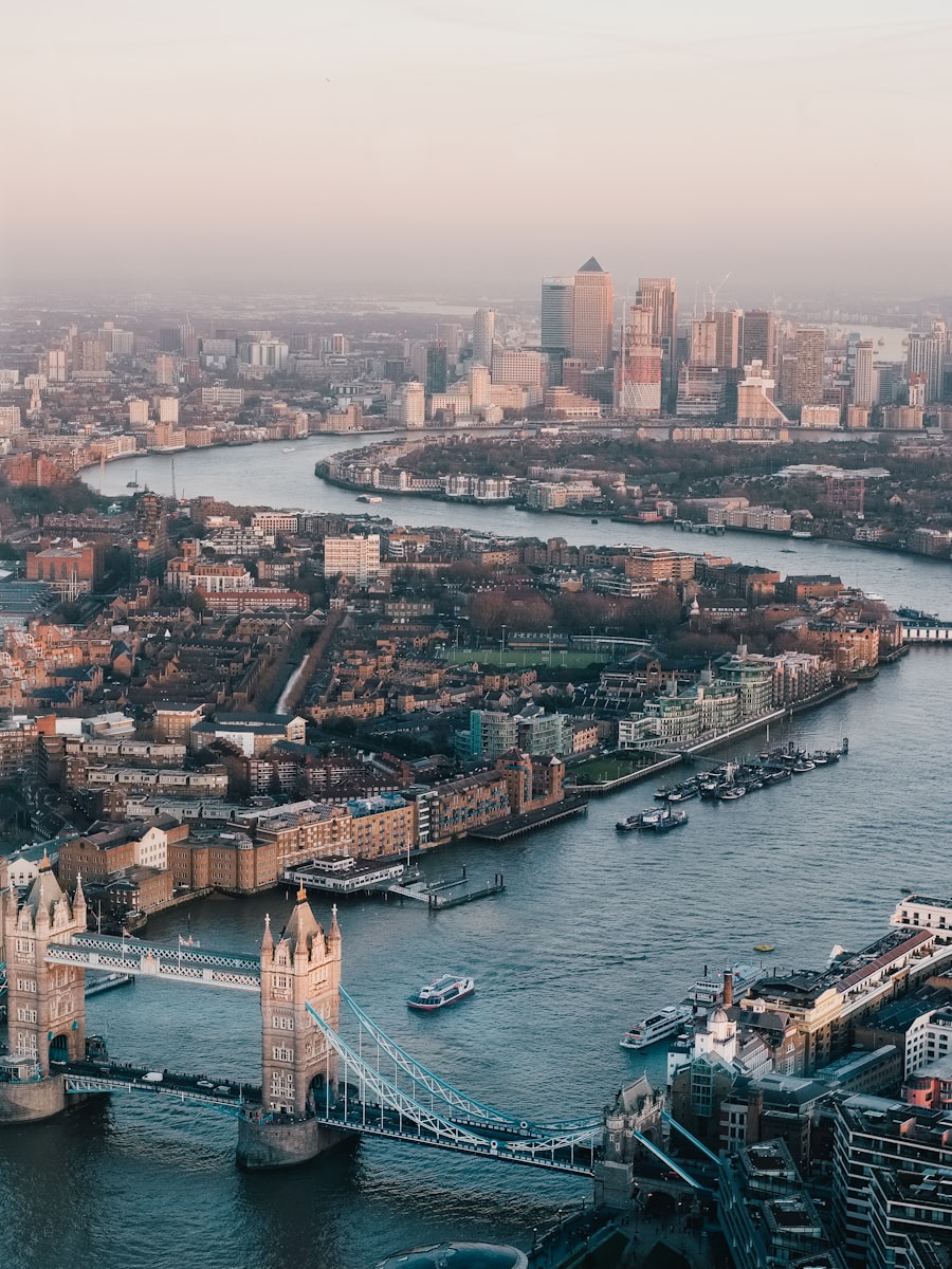 London and the Thames from above at dusk
